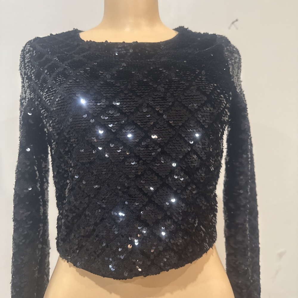 Express Diamond Pattern Sequin Long Sleeve Crop Top Womens Size‎ XS Black Lined